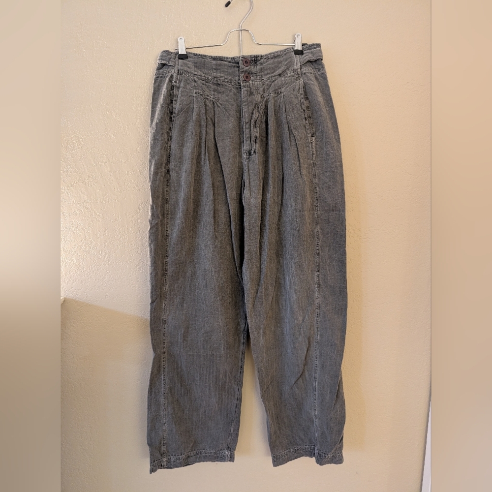 Free People Pleated Gray Wide-Leg Cotton Linen Trousers